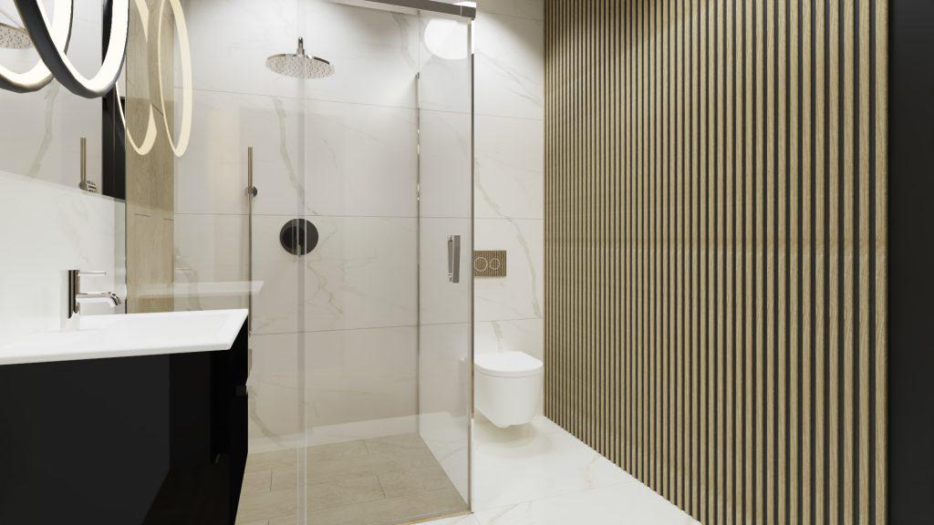 aranżacja łazienki z płytkami imitującymi marmur oraz płytkami imitującymi drewno