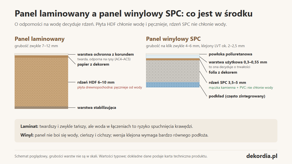 Przekrój panelu laminowanego i panelu winylowego SPC z opisem warstw i grubości
