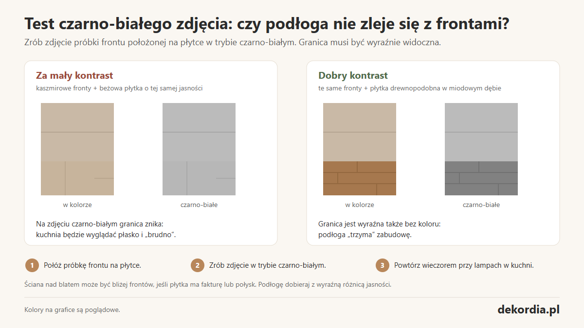 Infografika: test czarno-białego zdjęcia. Kaszmirowe fronty z beżową płytką o tej samej jasności zlewają się na zdjęciu czarno-białym, z płytką w miodowym dębie granica pozostaje wyraźna