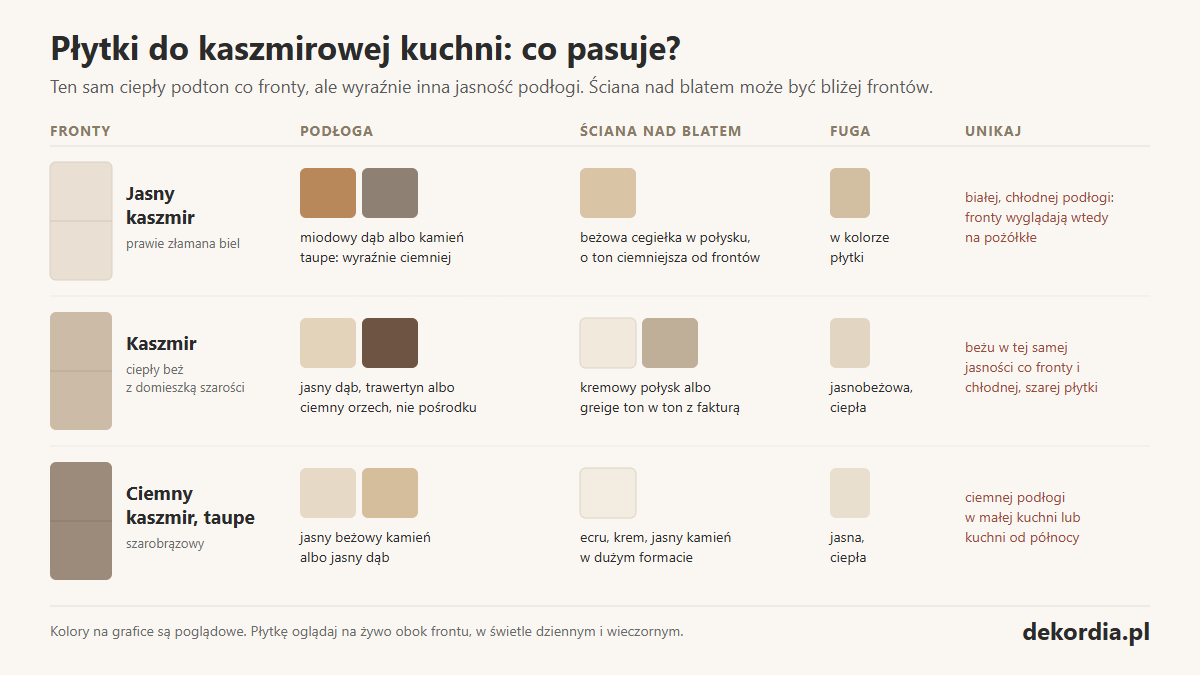 Infografika: jaka podłoga, jaka płytka nad blat i jaka fuga do jasnego kaszmiru, kaszmiru klasycznego i ciemnego kaszmiru oraz czego unikać
