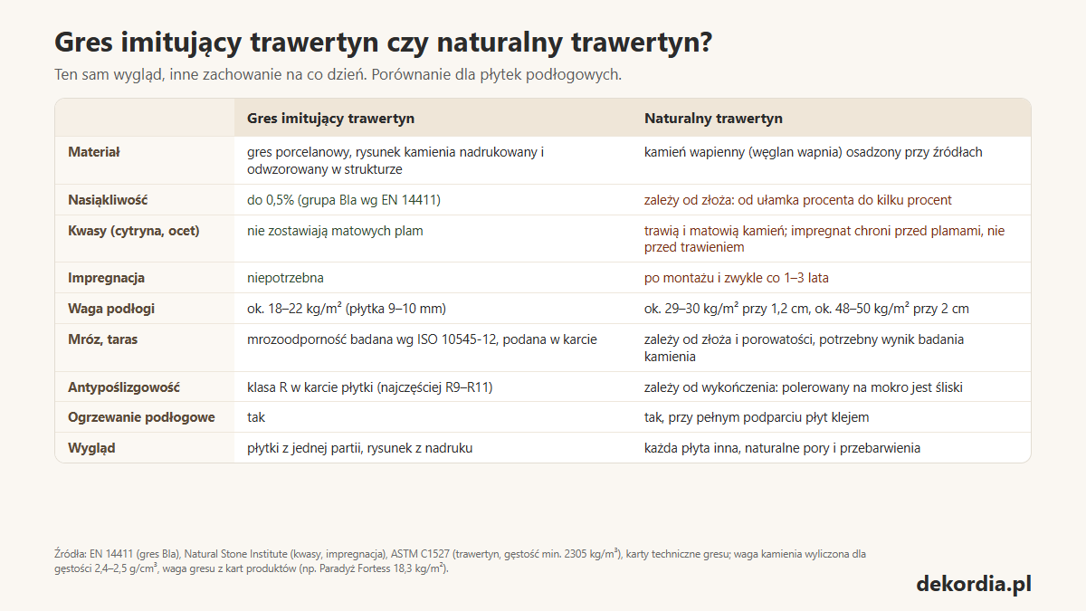 Tabela porównania gresu imitującego trawertyn i naturalnego trawertynu: materiał, nasiąkliwość, odporność na kwasy, impregnacja, waga, mrozoodporność, antypoślizgowość, ogrzewanie podłogowe i wygląd