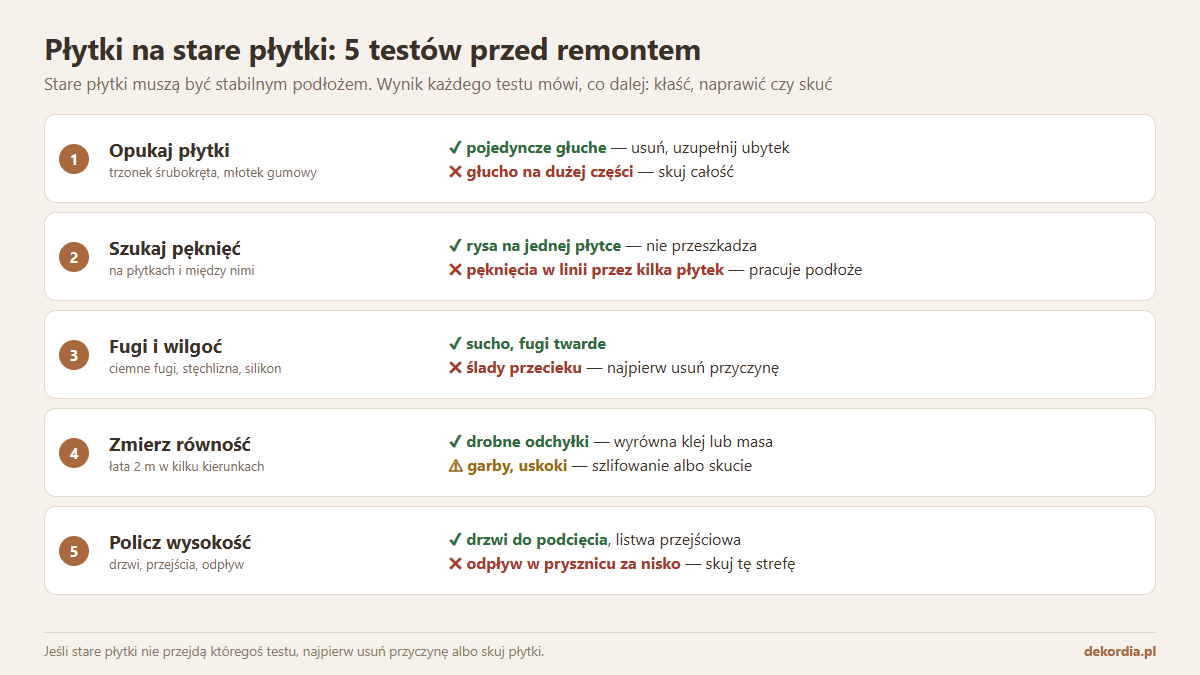 Pięć testów starych płytek przed położeniem nowych płytek: opukanie, pęknięcia, fugi i wilgoć, równość oraz wysokość