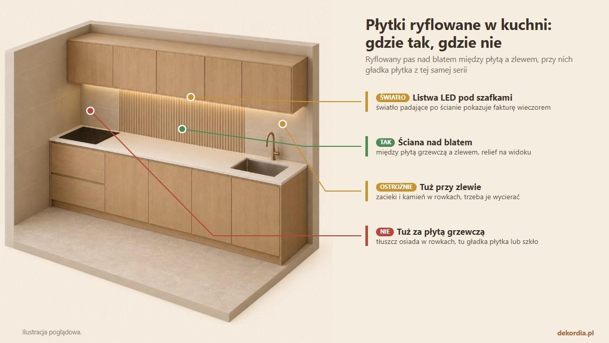Przekrój kuchni w 3D: ryflowane płytki nad blatem między płytą grzewczą a zlewem, gładkie płytki za płytą i przy zlewie, listwa LED pod szafkami podświetlająca fakturę