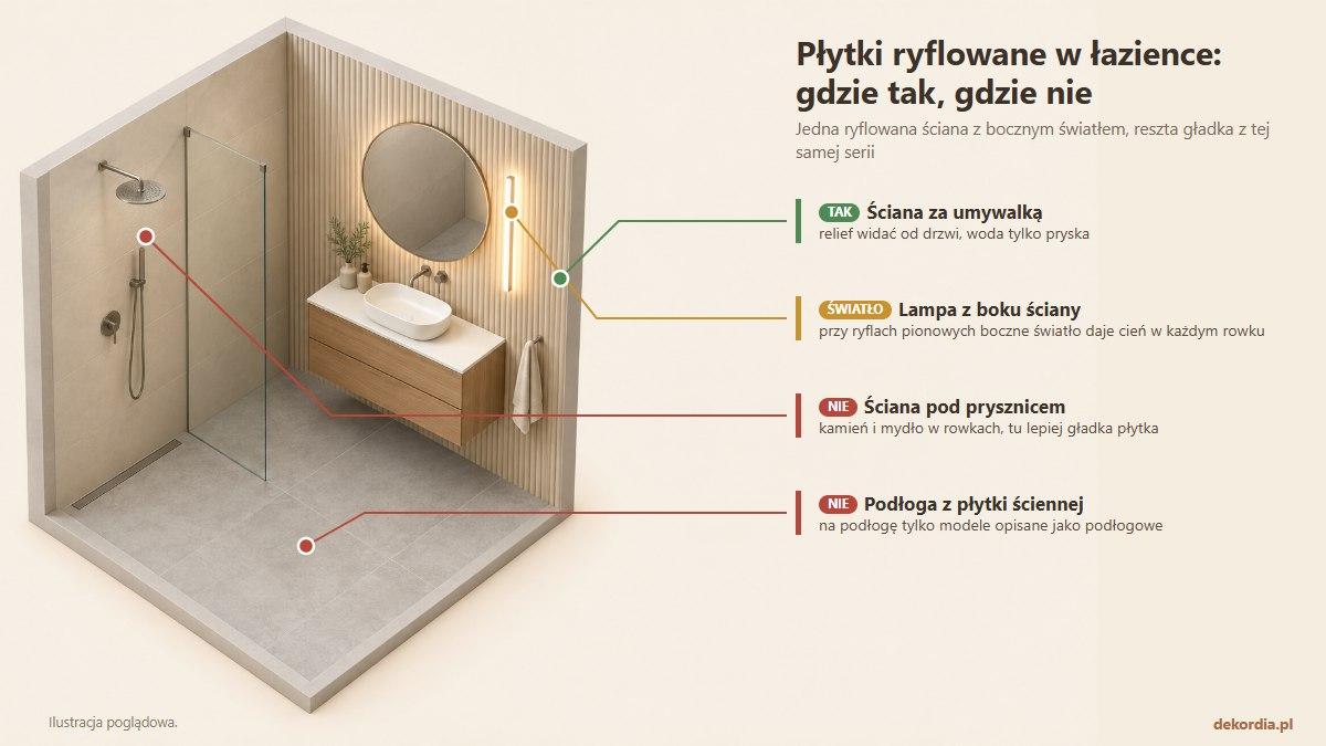 Przekrój łazienki w 3D: ryflowana ściana za umywalką z bocznym światłem, gładkie płytki pod prysznicem i na podłodze