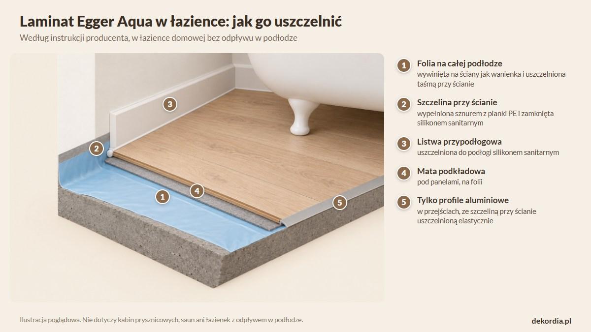 Przekrój podłogi w łazience z laminatem Egger Aqua: folia wywinięta na ścianę, mata podkładowa, panele, szczelina przy ścianie wypełniona sznurem i silikonem, listwa uszczelniona silikonem i aluminiowy profil