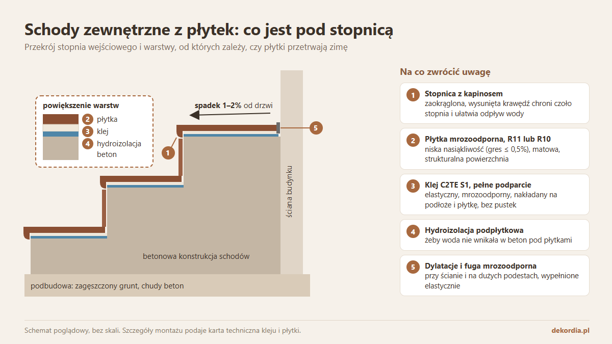 Przekrój schodów zewnętrznych z płytek: stopnica z kapinosem, klej, hydroizolacja, spadek 1–2% i dylatacja przy ścianie