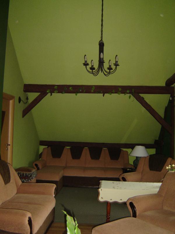 Salon z odkrytymi  belkami i sufitem w szczycie., zdjęcie 5