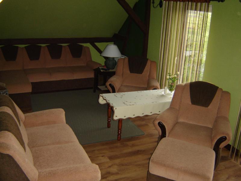 Salon z odkrytymi  belkami i sufitem w szczycie., zdjęcie 3