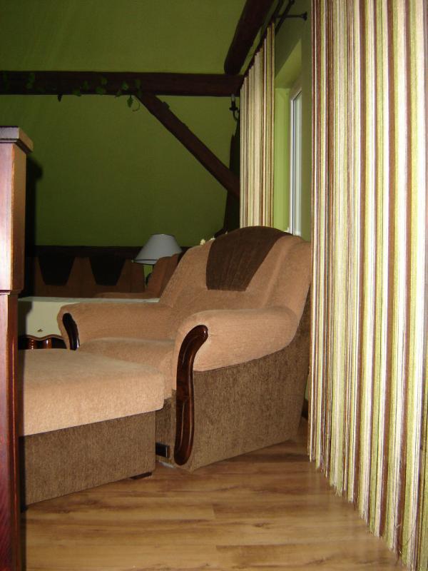 Salon z odkrytymi  belkami i sufitem w szczycie., zdjęcie 6