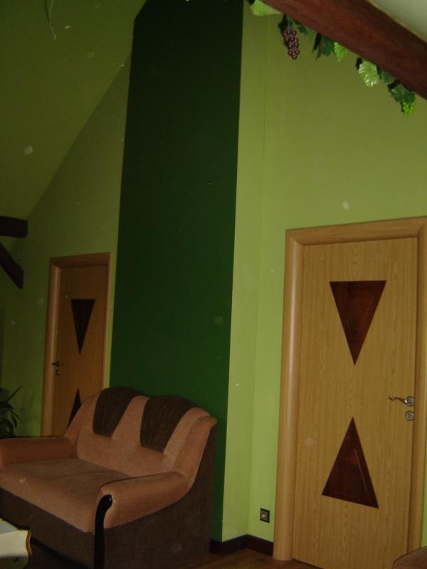 Salon z odkrytymi  belkami i sufitem w szczycie., zdjęcie 14