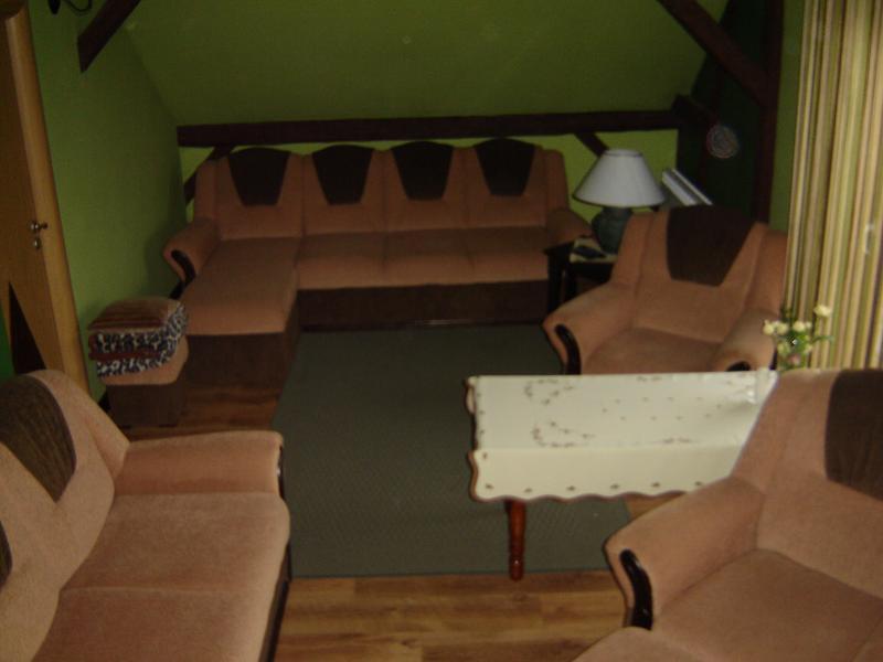 Salon z odkrytymi  belkami i sufitem w szczycie., zdjęcie 11