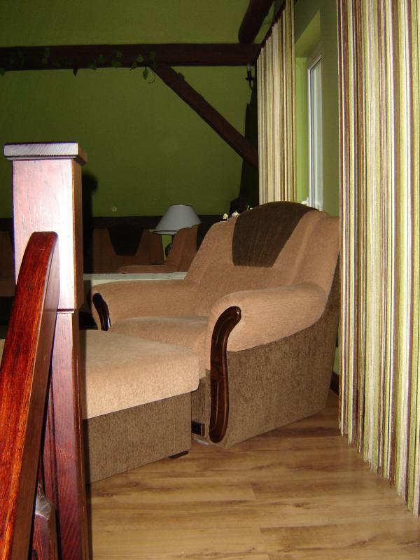 Salon z odkrytymi  belkami i sufitem w szczycie., zdjęcie 15