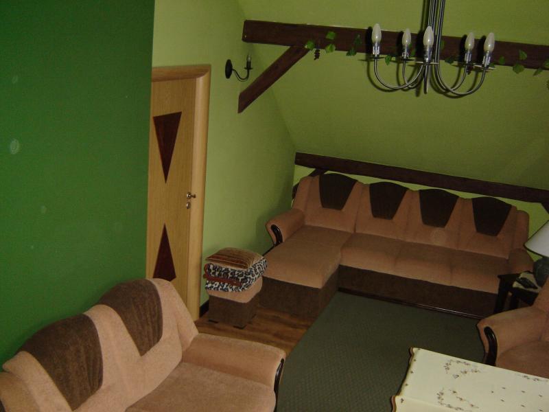 Salon z odkrytymi  belkami i sufitem w szczycie., zdjęcie 2