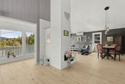 Wirtualna wizualizacja AI - Barlinek Dąb Piaskowy panel winylowy SPC ze zintegrowanym podkładem 152.3x22.86x0.6 (DP50000018)  na podłodze
