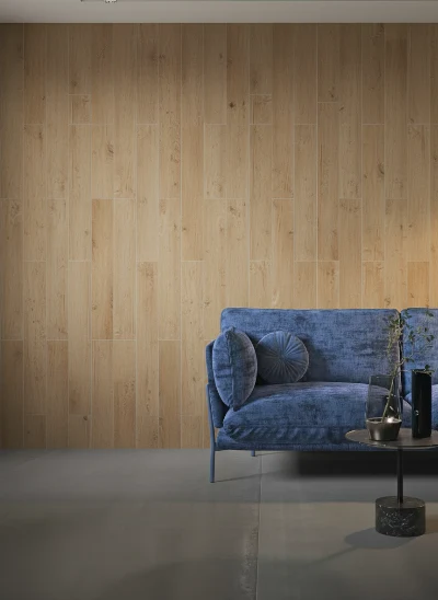 Wirtualna wizualizacja AI - Marazzi Treverkway Larice MLA6 gres 15x90  na ścianie