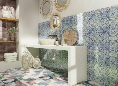 Wirtualna wizualizacja AI - Mainzu Ceramica Cannes dekor 15x30  na podłodze